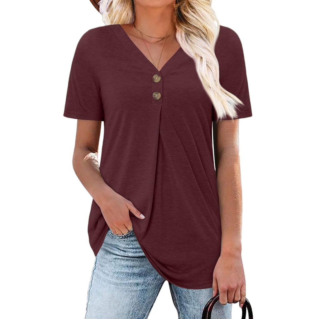 Women's Fashion Casual Short Sleeve Buttoned V-Neck T-Shirt Top