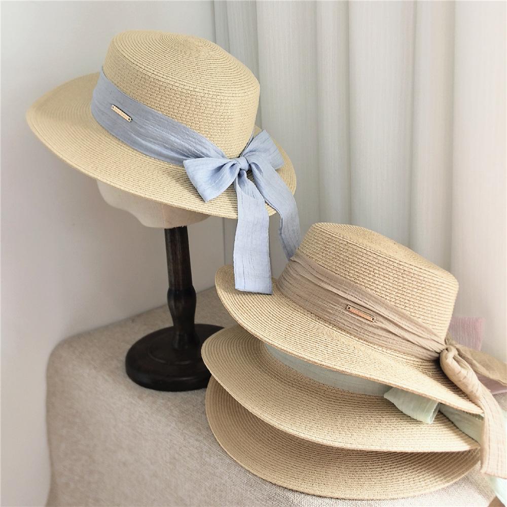 Korean-Style Sweet Bow-Knot Ribbon Flat-Top Wide-Brimmed Beach Hat Face-Slimming Everyday Wear Women's Sun Hat