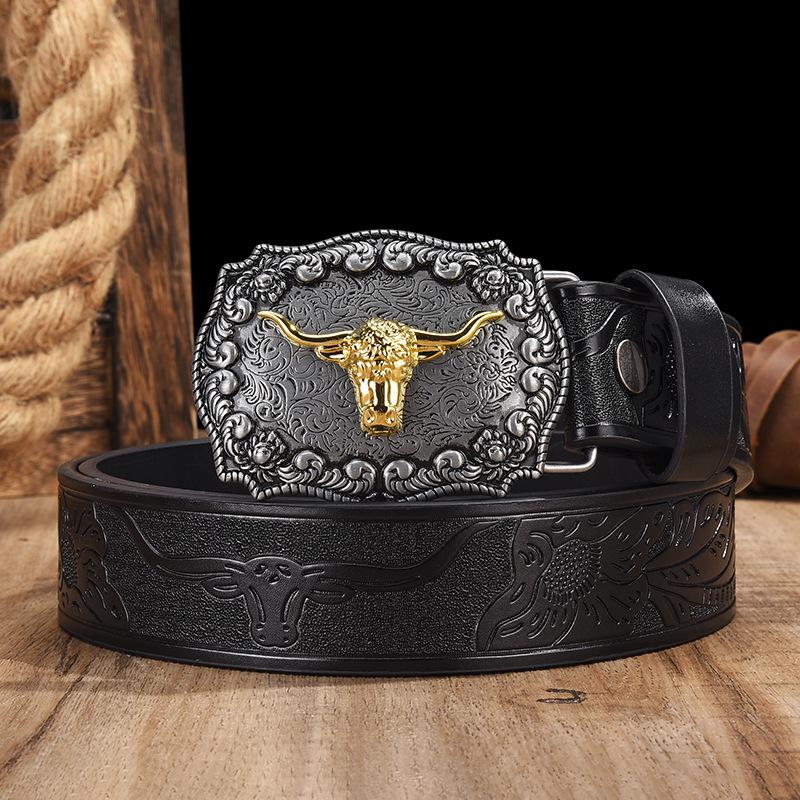 Western Cowboy Large Buckle Belt - Youth Trendy American Street Style Leather Waistband