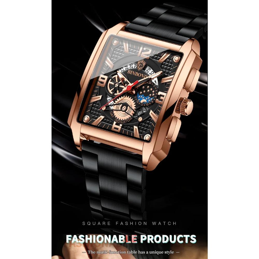 BINBOND Classic Men Watches Square Type Watch for Man Quartz Movement Stainless Steel Waterproof Luminous Date Trend Watch