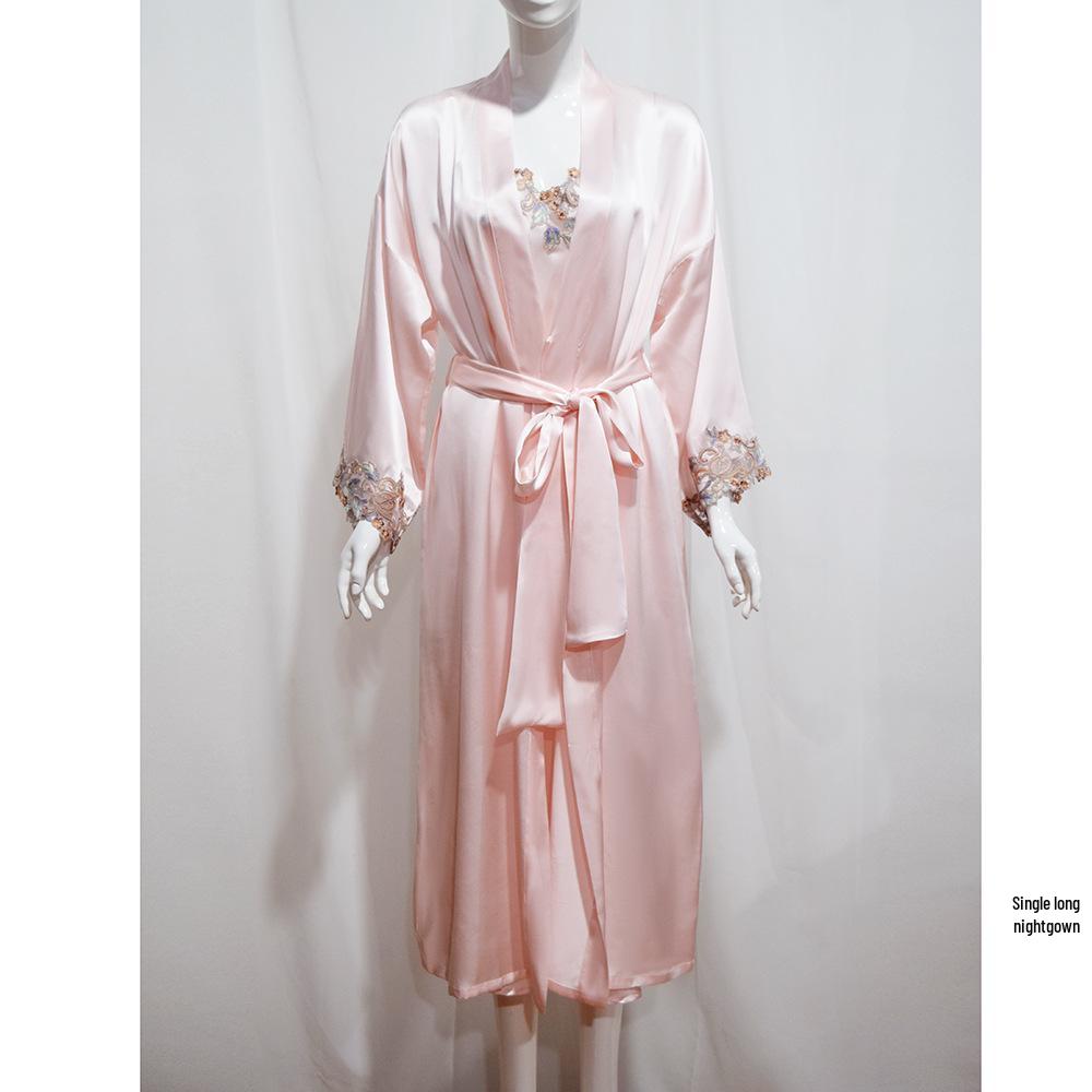 Women's Embroidered Silk Robe & Nightgown Set: Long Camisole, Multi-piece Mulberry Silk Sleepwear
