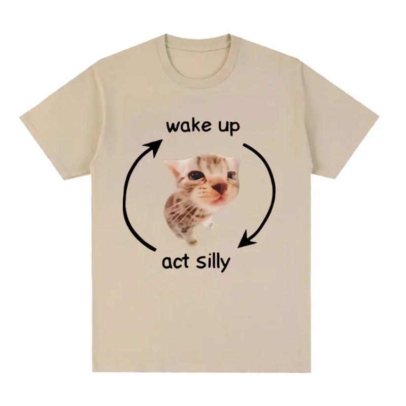 Wake Up Act Silly Meme Graphic T Shirt Funny Cute Cat Print Short Sleeve T-shirt Women Casual Oversized T Shirts