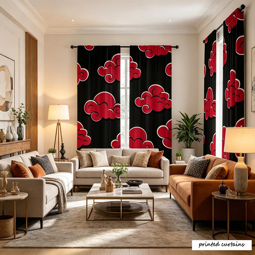 2 Pcs Black And Red Anime Red Cloud Print Flat Printed Curtains With Rod Pocket No Lining Light Filtering