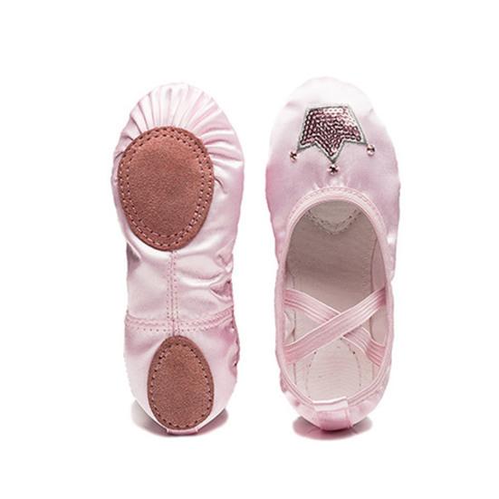 1 Pair Girls Ballet Shoes Soft Sequin Crown Pattern Anti-skid Bottom Elastic Band Faux Silk Toddler Big Kid Children