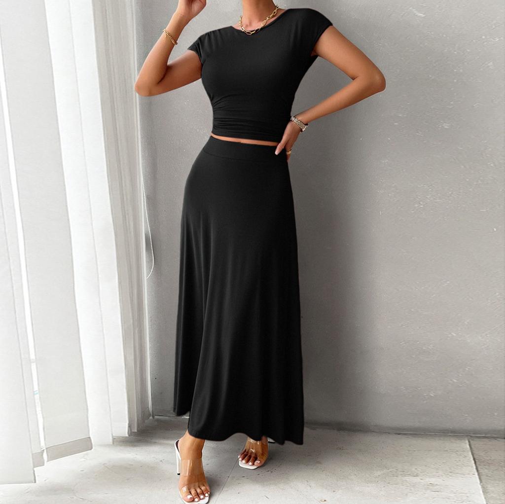 Women's Spring And Summer Short-sleeved Tops Temperament Slim Fit Solid Color Short-sleeved Half-length Dress Set