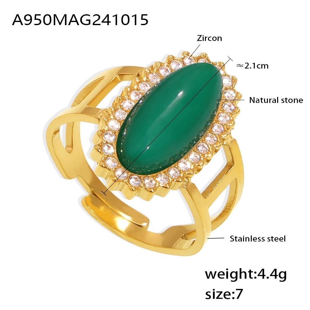 3A Zircon Inlaid Natural Stone Opening Ring 316 Titanium Steel Plated with 18K Gold Adjustable
