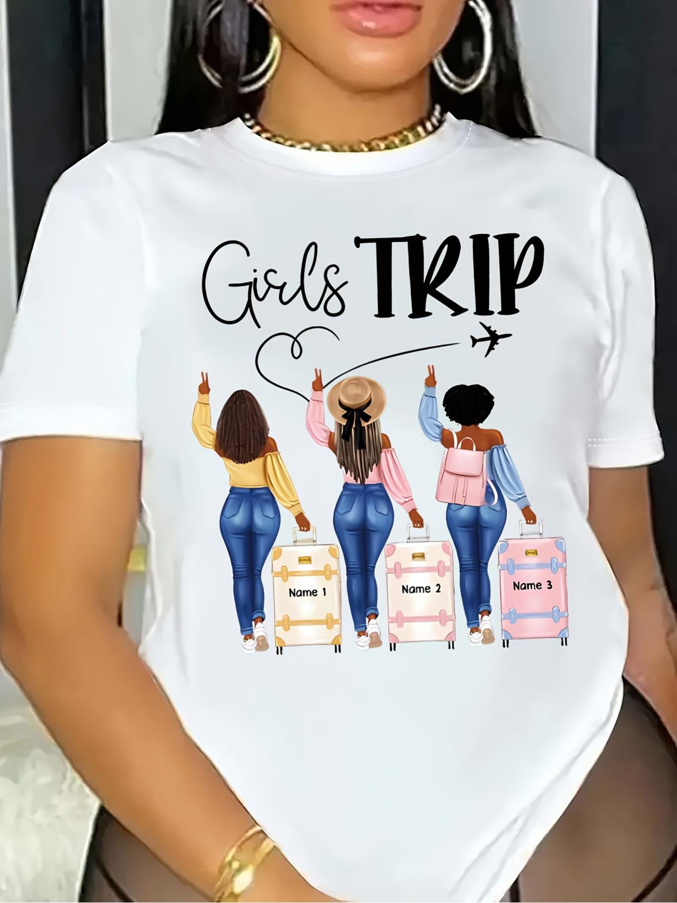 

Girls Trip Graphic Tee Women s Casual Crew Neck T-Shirt with Vibrant Travel Print Short Sleeve Breathable Fabric Ladies T Shirts S