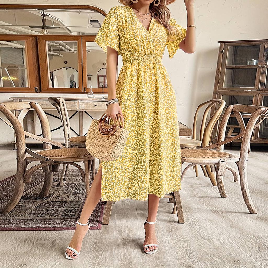 Women's V-neck High Waist A-line Floral Print Dress