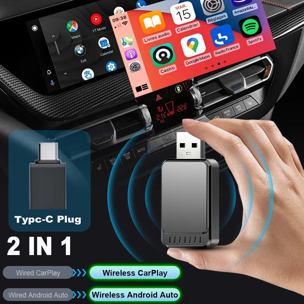 2 in 1 CarPlay & Android Auto Mini Ai Box Kabelloser Carplay-Adapter Kabelgebunden zu Kabellos Bluetooth WiFi Connect Plug and Play