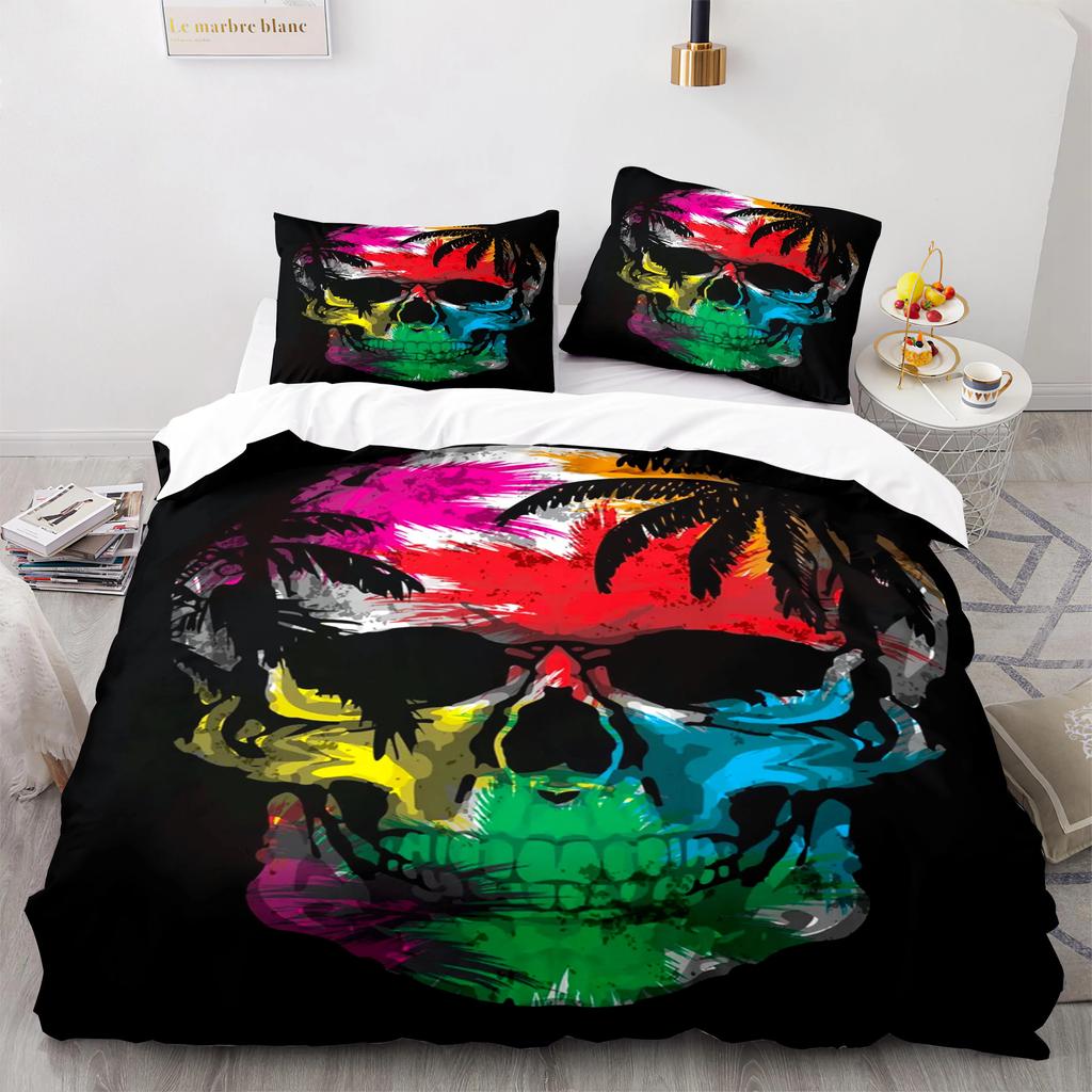 Skull King Queen Bettbezug Gothic Skelett Bettwäsche Set für Erwachsene Jugendliche Personalisiert Halloween Knochen Polyester Steppdeckenbezug