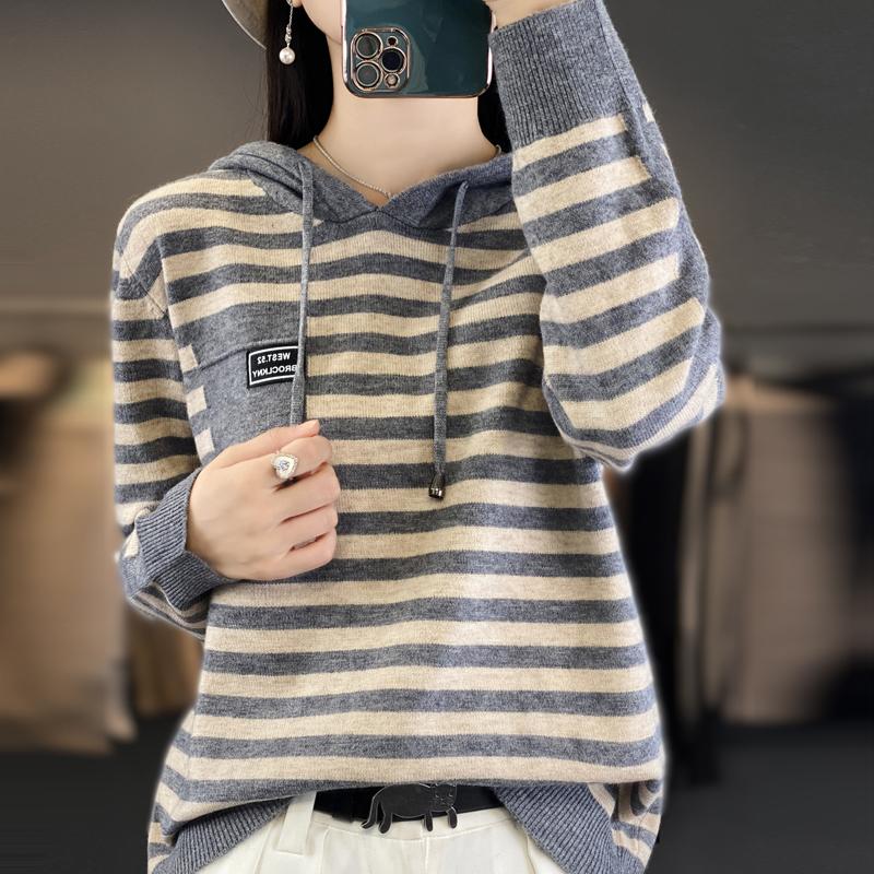 Winter Pure Wool Fashion Soft Sweater Autumn Female Women Hooded Collar Strip Pullover Cashmere Loose Casual Knit Base Top