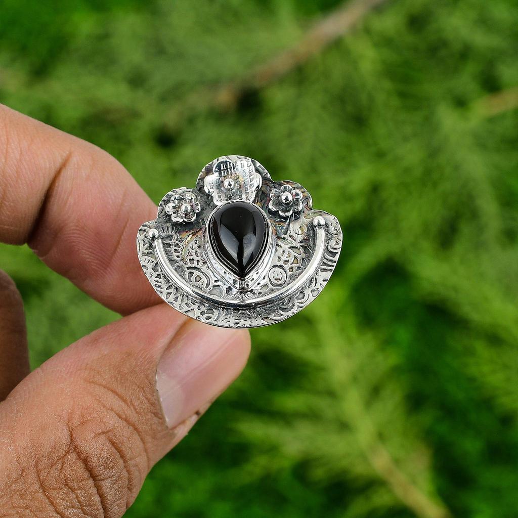 Root Chakra Black Onyx Stone 925 Silver Ethnic New Flower Promise Statement Ring