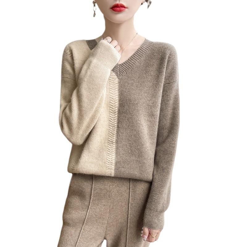 Women's V-Neck Color Block Long Sleeve Pure Wool Sweater - Autumn/Winter Collection