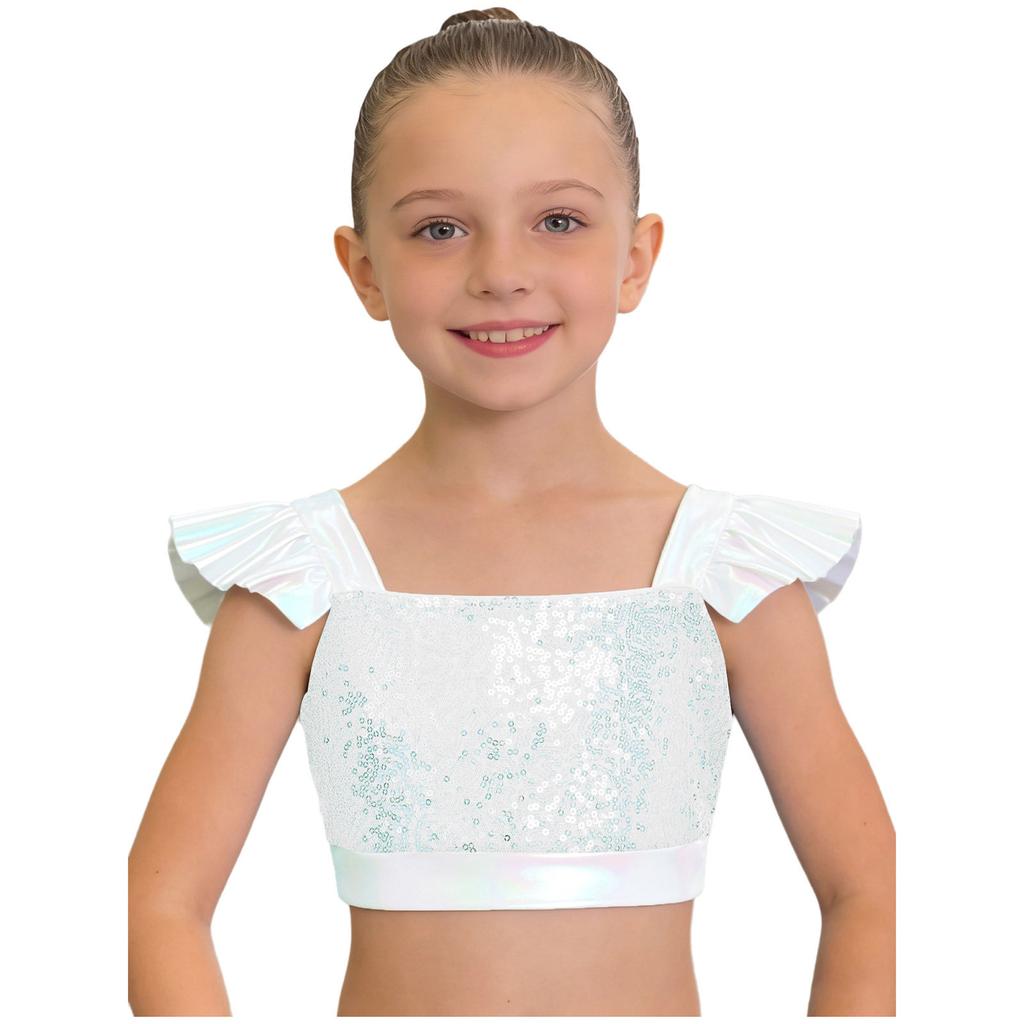 Dětské dívčí topy na jazzový tanec Čtvercový výstřih Volánkové rukávy Třpytivý flitrovaný metalický crop top