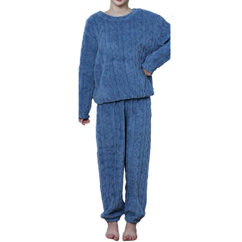 Damen Herbst- und Winter Korallenfleece Freizeit-Pyjama-Set Warmes Langarm-Oberteil und Hose Hauskleidung Zweiteilig