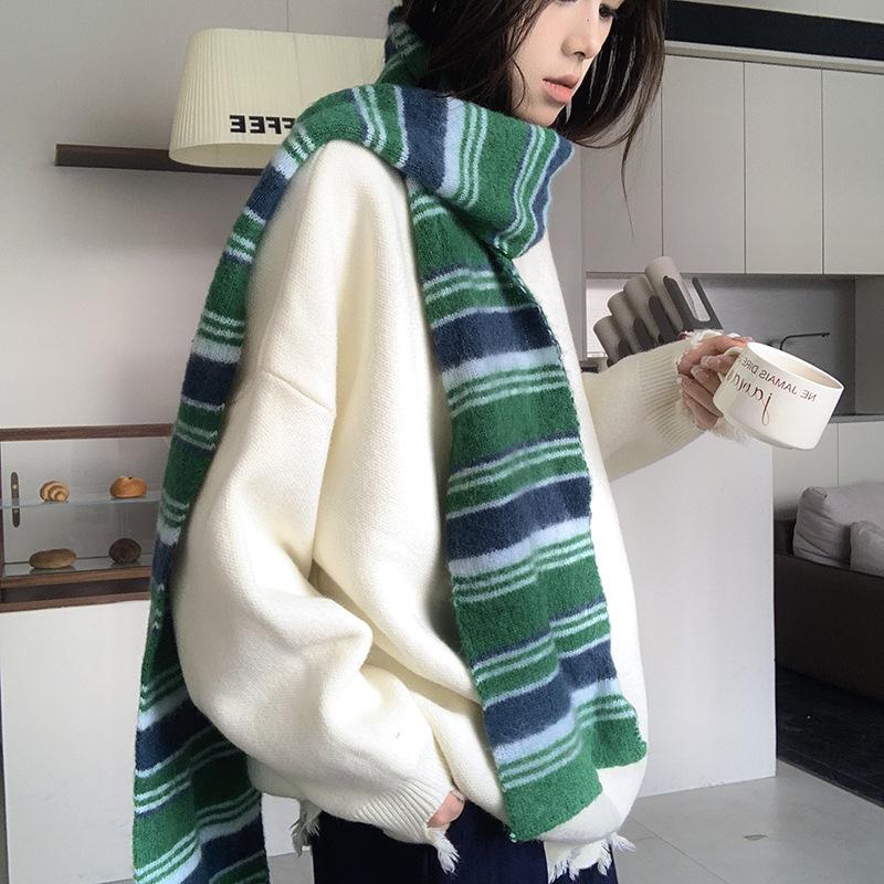 Falling Pool Women's Retro Striped Knit Scarf - Fluffy, High-End, Soft Neck Warmer for Autumn/Winter
