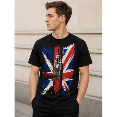 Men's Black Cotton T-shirt with Uk Flag and Big Ben Graphic, Short Sleeve Crew Neck Relaxed Fit Casual Streetwear for Travel or Daily Wear