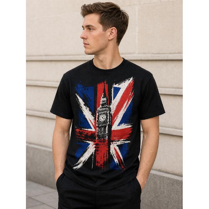Men's black cotton t-shirt with uk flag and big ben graphic, short sleeve crew neck relaxed fit casual streetwear for travel or daily wear