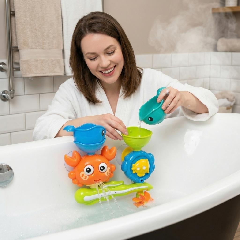 Bath Toy Crab Water Wheel Spinner with Whale and Submarine Features Suction Cup Mounted Bath Toy Set for Kids