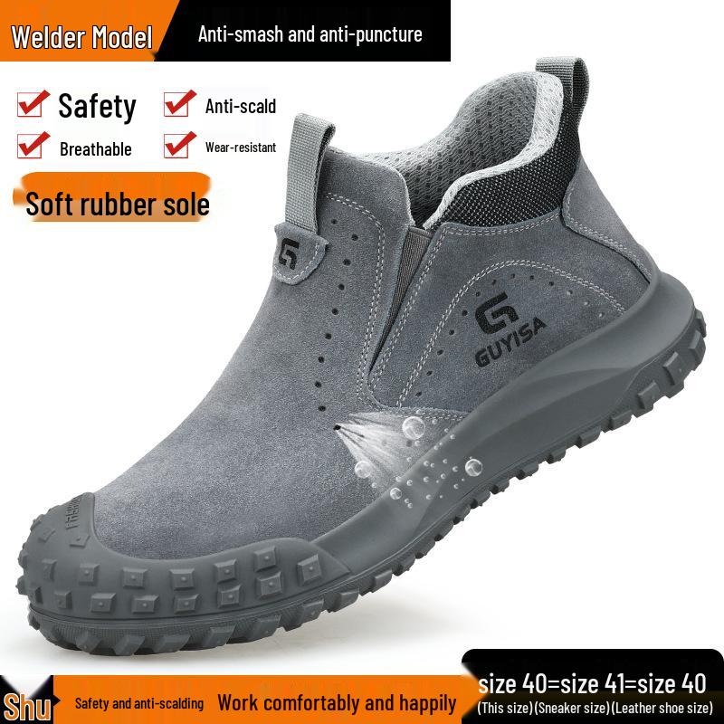 Men's Breathable Suede Summer High-Top Welding Shoes: Anti-Smash, Anti-Puncture, Anti-Slip, Wear-Resistant, and Comfortable.