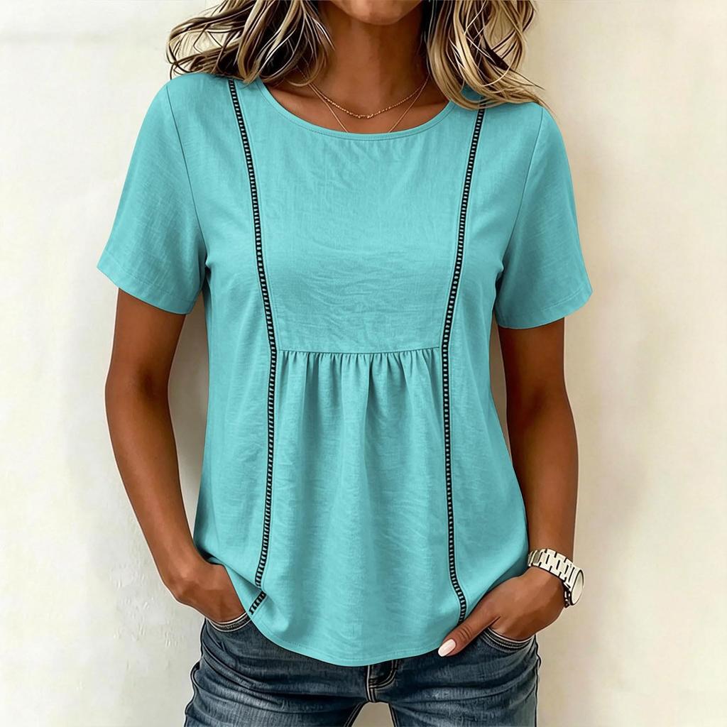 Women's Fashion Solid Color Round Neck Short Sleeve Patchwork Casual T Shirt Top Lightweight Comfortable Summer Tee