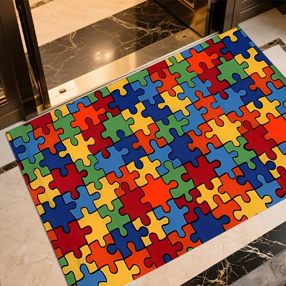 1pc Autism Awareness Puzzle Pattern Commercial Anti-Slip Rug Non-Slip Home Carpet Design for Office Decor Living Room Bedroom Gift T29