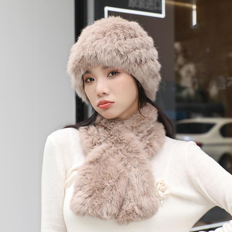 2024 New Winter Hat Women's Rabbit Hair Warm Ear Protection Pineapple Hat Dome Fashion Versatile Mom Hat Set
