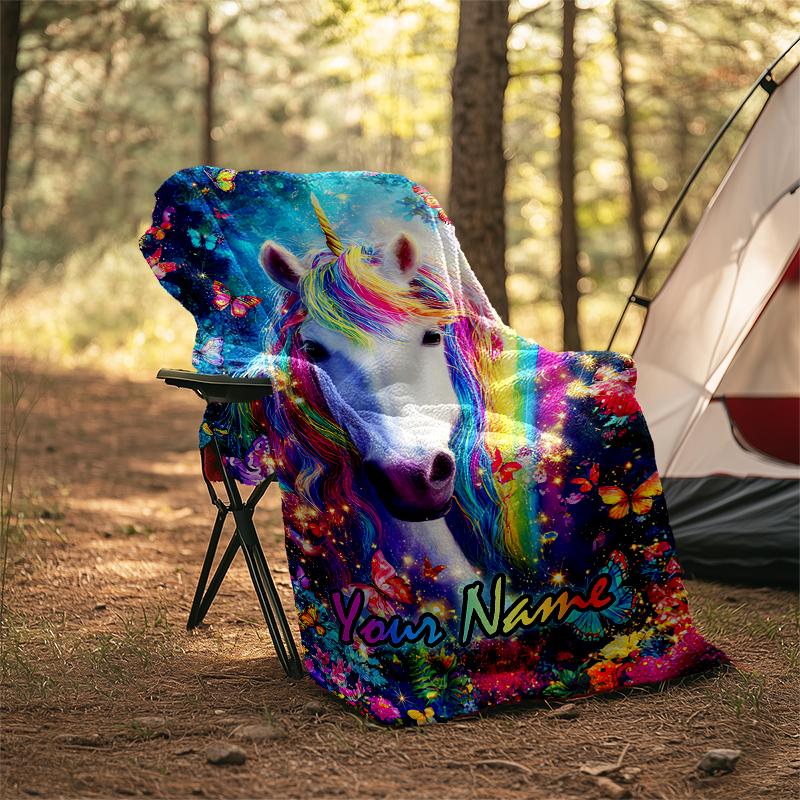 1PC Custom Name Rainbow Unicorn Fantasy outdooor Flannel blankets Patterns Throw Blanket All-Season Soft Gift for Couch, Bed, Camping gifts