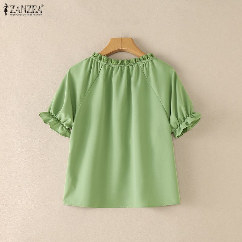 ZANZEA Damen Casual Rundhals Lose Sommer Kurzarm Bluse