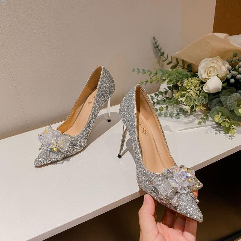 Autumn and Winter New Crystal Silver Wedding Shoes Pointed Sequins Stiletto Bow High Heels Women