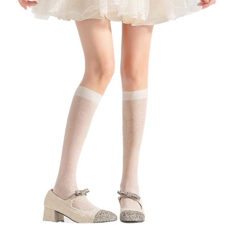 Women Japanese Style Summer Cute Heart Pattern Thin Silk Over Calf Long Socks