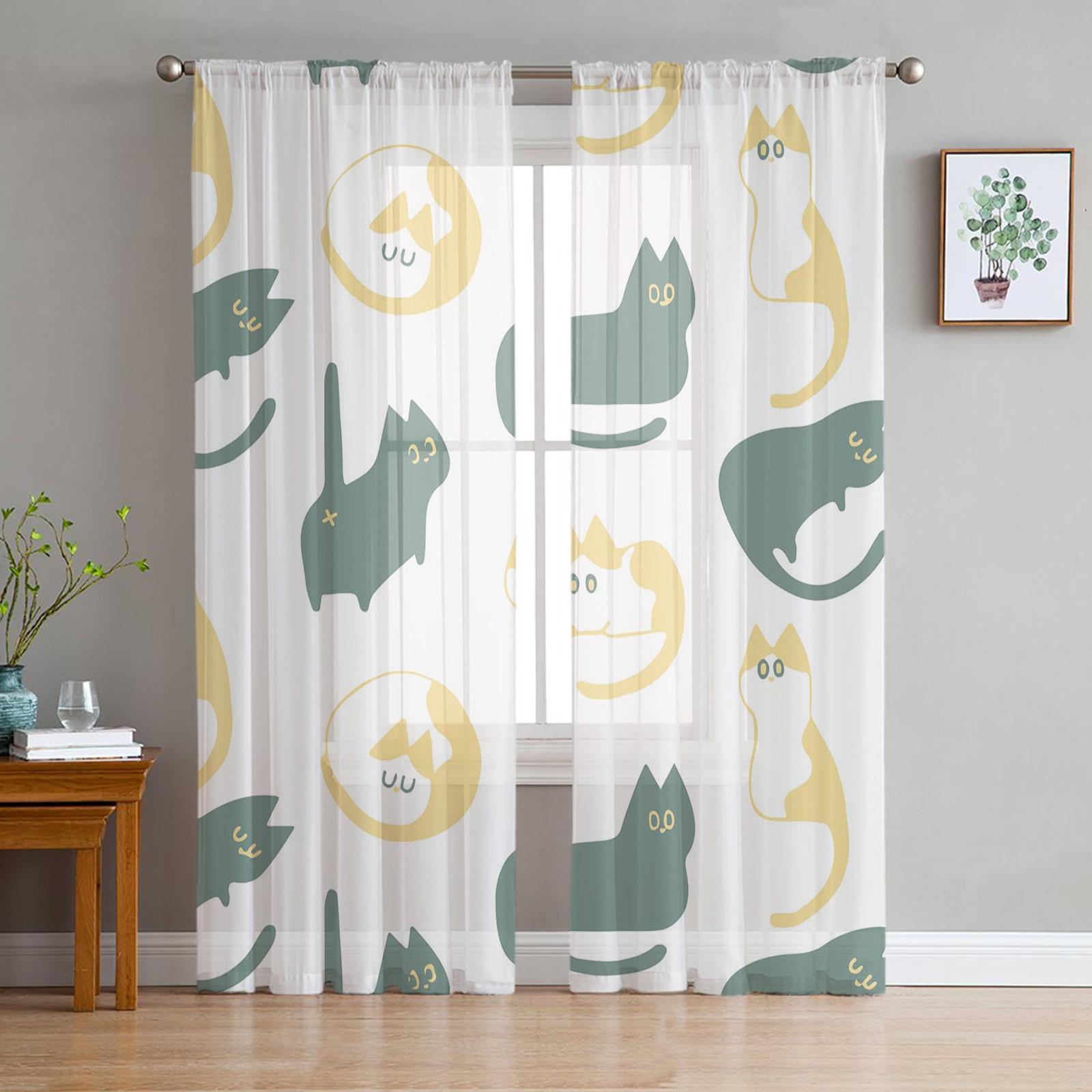 Забавные тюлевые прозрачные оконные шторы с забавными кошками для гостиной — фото 11