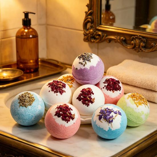 Soothing Bath Bombs 100G Dry Flowers Bombs, Lavender Rose Calendula Essential Natural Ingredients Oils Fizzies Ball, Relaxation Spa Skin Moisturizing
