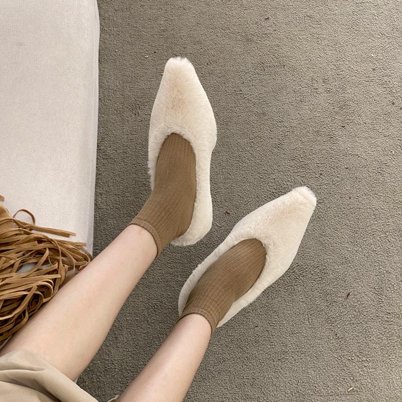 Fashion Fashion Pointed Toe Fur Ballet Flat Woman Winter Warm Plush Shallow Loafer Ladies Concise Furry Heeled Dress Shoes Zapatos Mujer