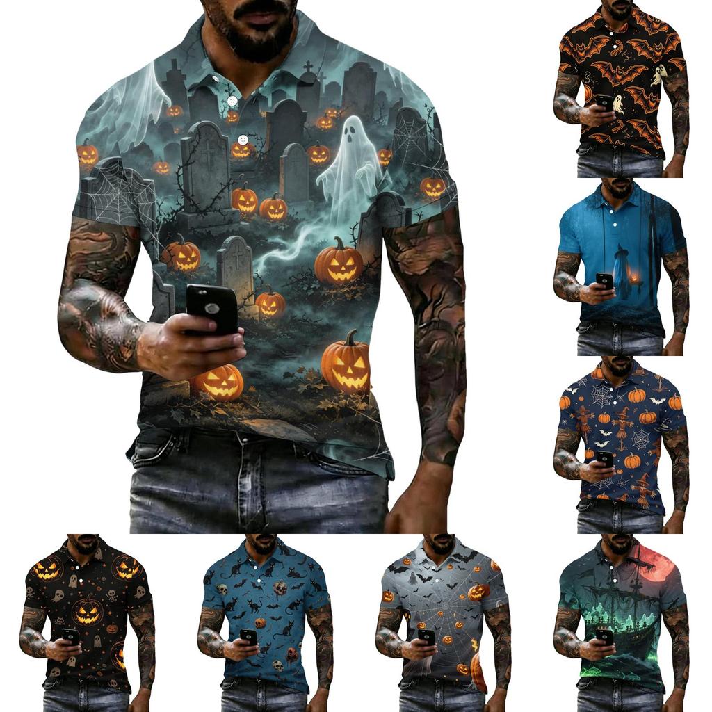Men's Halloween Print Vintage Texture Short Sleeve Polo Shirt Loose Breathable Summer Sports Streetwear Casual Everyday Top