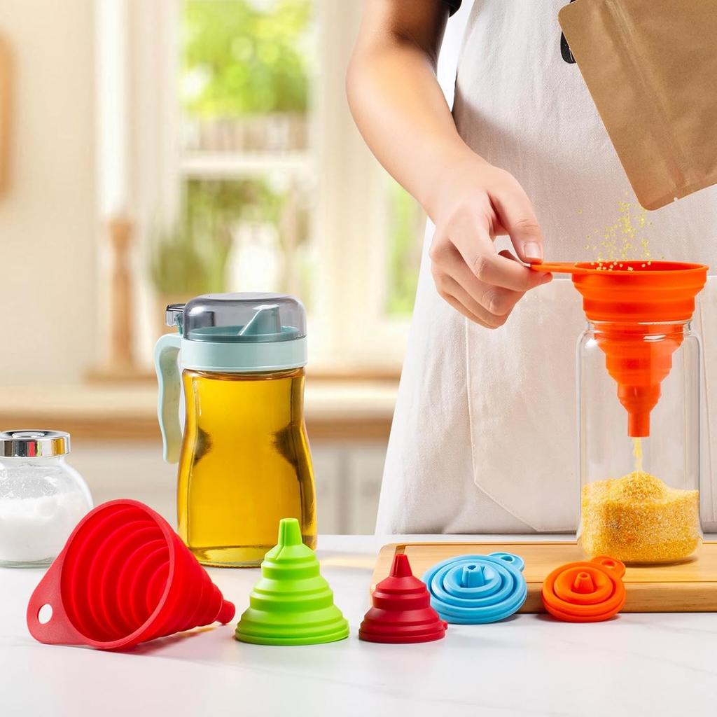 KALAVE Kitchen Funnel Set 6 Pack - Food Grade Silicone Collapsible Funnel, Funnels for Kitchen Use Filling Bottles, Daily Cooking, and Water or
