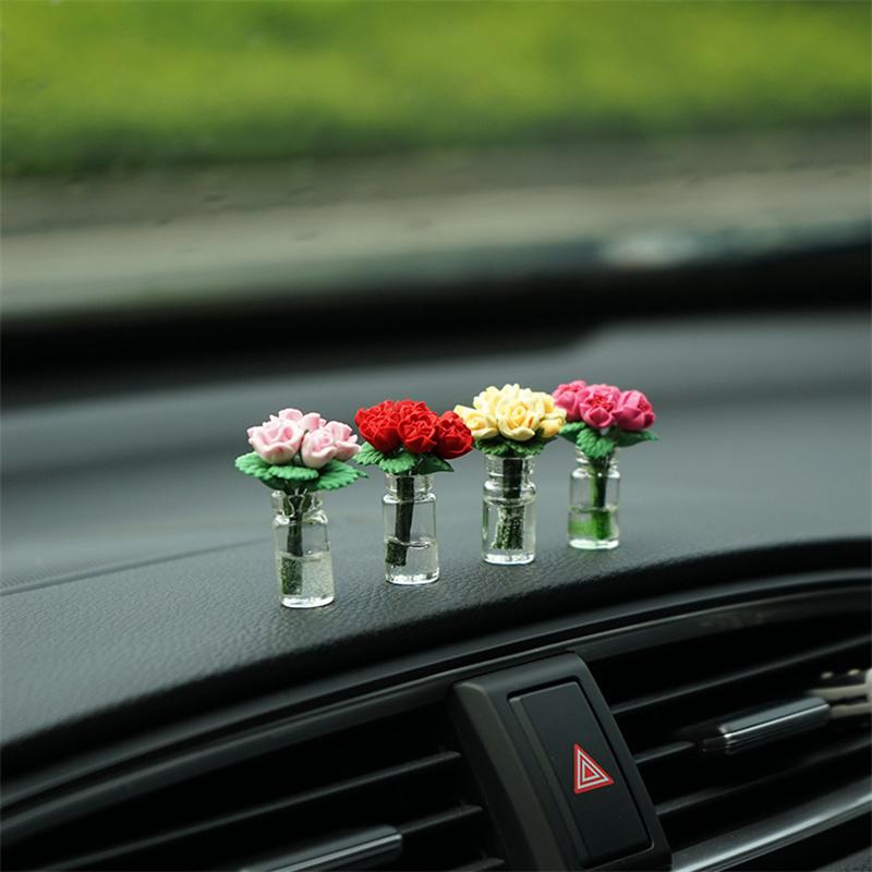 Cute Creative Car Interior Decoration Exquisite Mini Rose Vase Auto Center Console Decoration Ornaments Accessories Gifts