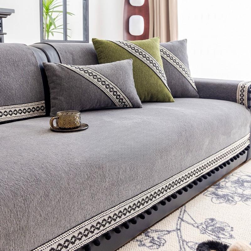Chenille Sofa Cover with Tassels Four Seasons Universal Sofa Mat Solid Color Anti-Slip Couch Cushion Towel for Living Room