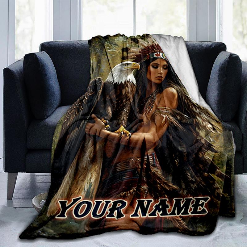 1PC Custom Name Eagle Spirit Warrior Flannel Blanket Versatile,all-season Throw Suitable for the Living Room,bedroom,camping,travel,and Gift
