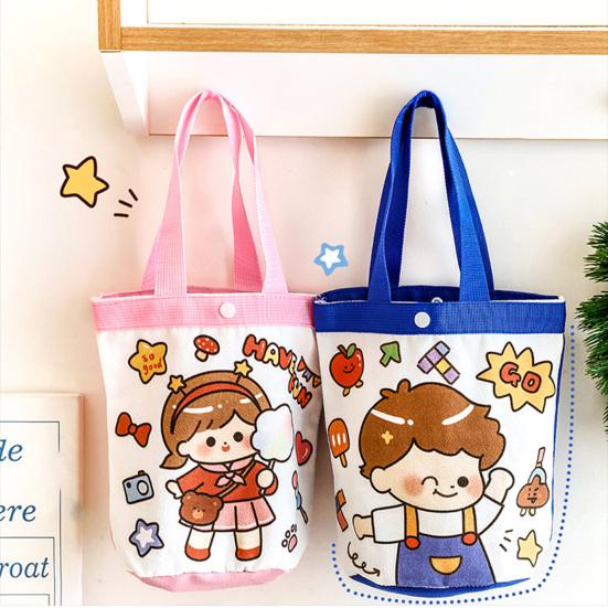 Kinder Leinwandtasche Süßes Cartoon Mädchen Junge Muster Tragetasche Rosa Blaue Kante Wiederverwendbare Tragetasche für Kinder Schulausflug Picknick Einkaufen