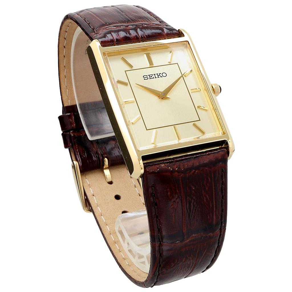 SEIKO Men's Watch Square Design Quartz SWR064 Champagne Gold Dial × Brown Leather Band