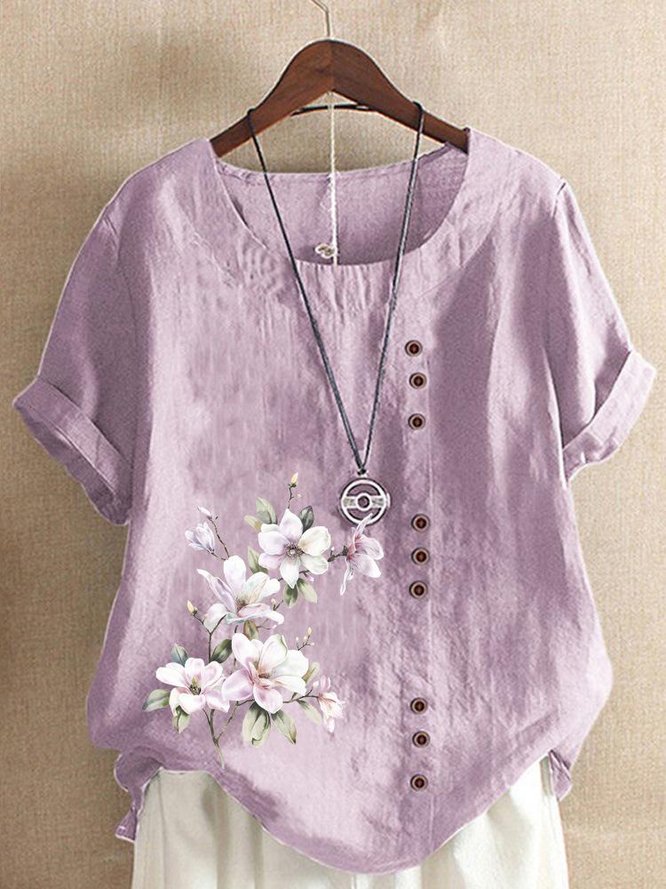 2026 Spring/Summer Printed Loose Fit Plus Size Women's Short Sleeve Pullover Shirt
