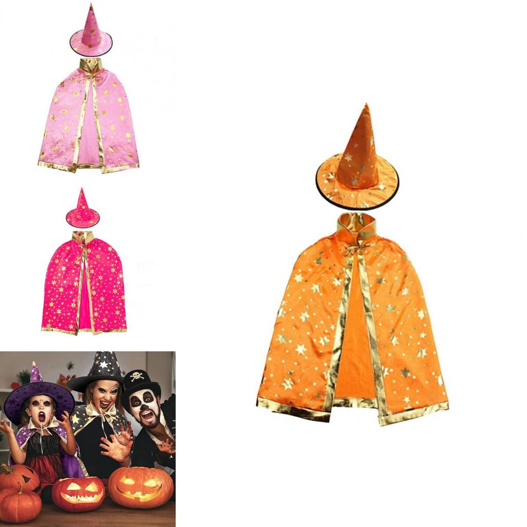 Halloween Cosplay Wizard Cape For Kids With Dazzling Star Pattern And Hat