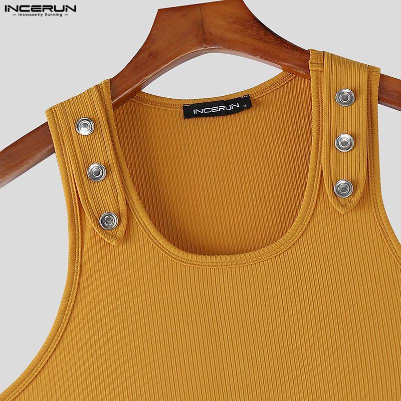 INCERUN Summer Men Sleeveless Strap Decorative Ribbed Casual Tank Tops