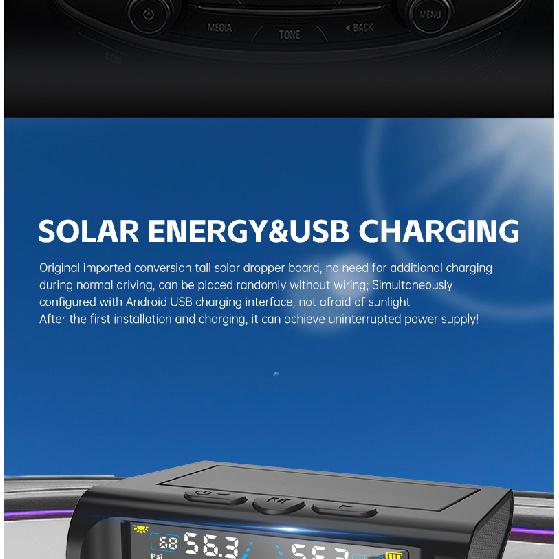 USB/Solar TPMS Temperature Monitor with 4 External Sensors Digital LCD Display 0-6.8Bar T21 Tire Pressure Gauge Car Tyre Monitor