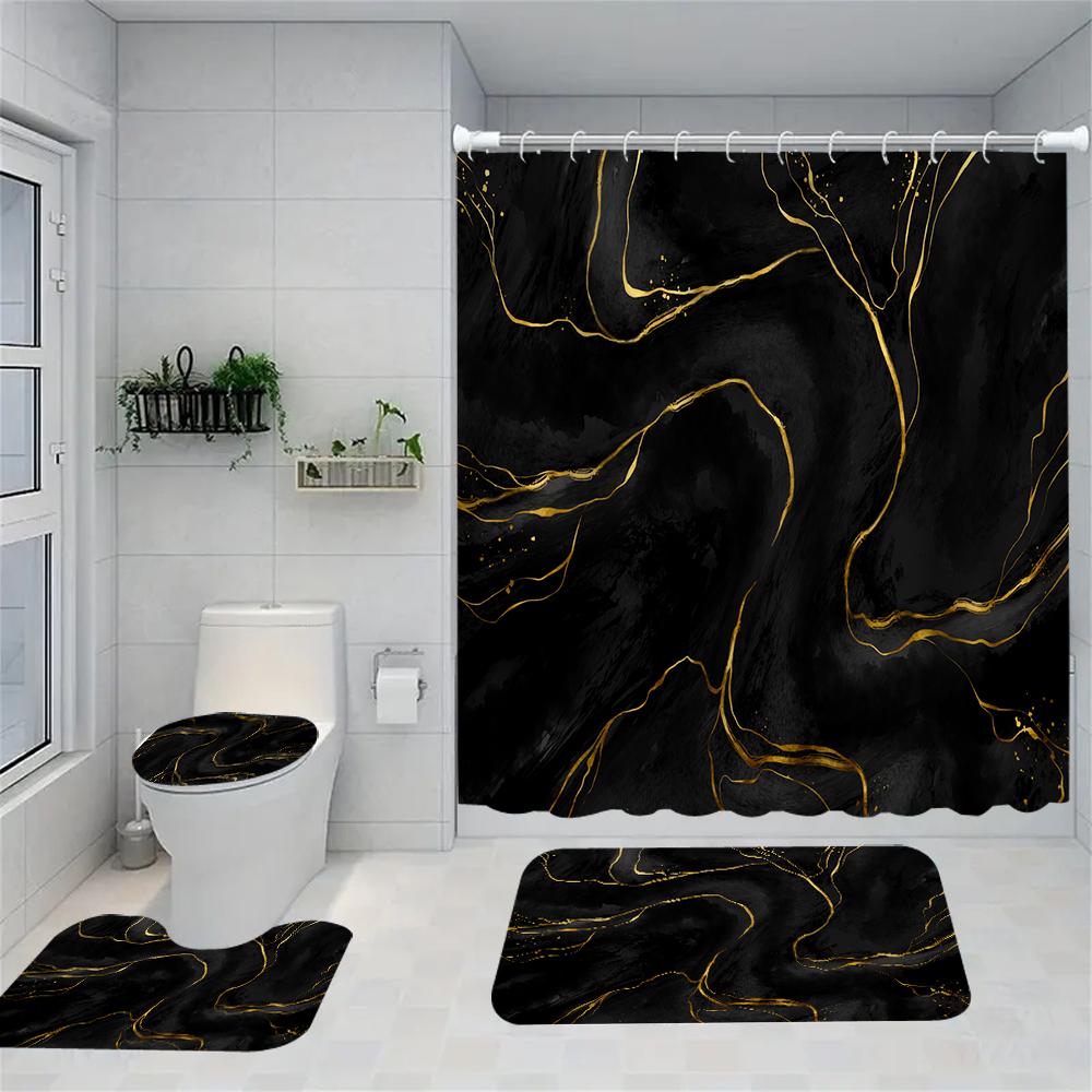 1/4 Marble Veining Shower Curtains, Toilet Seat Decoration, Shower Curtain With Carpet And Toilet Lid, 70.8X70.8 Inch