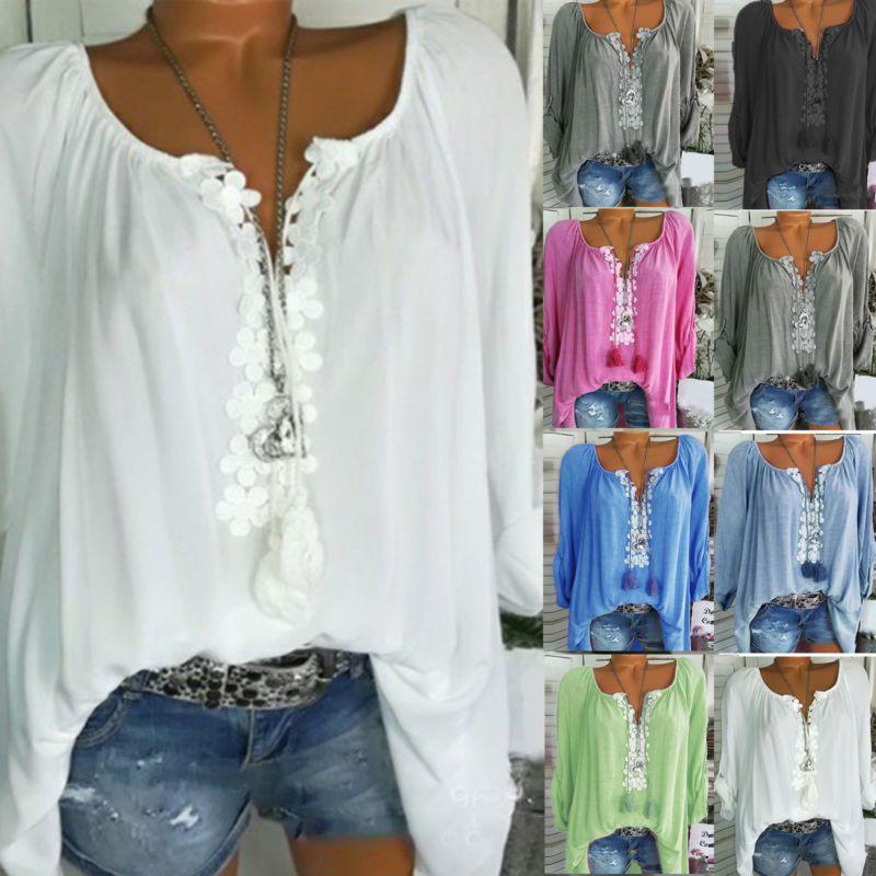 Elegant Plus Size Women Boho Long Sleeve Blouse Baggy Tops With V Neck Design