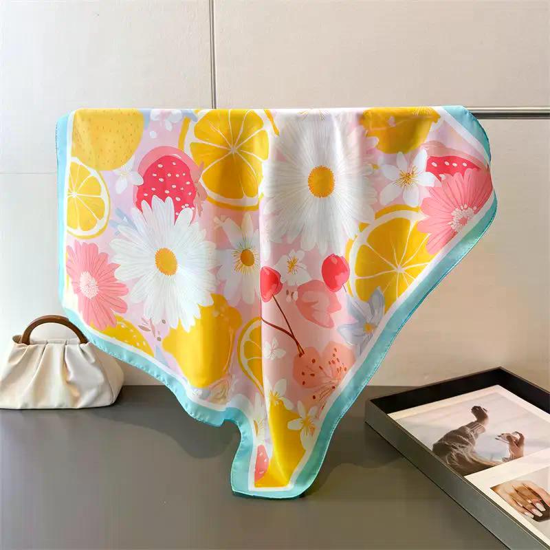 Luxury Floral Printed Square Scarf For Women Imitation Silk Scarves Bandanas Hijab Neckerchief Elegant Shawl Wraps