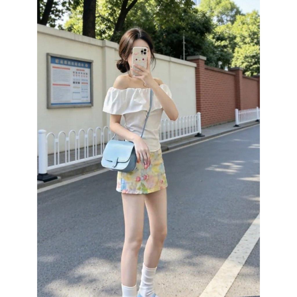 French White One-word Neck Off-the-shoulder Slim-fit Shirt Top, Women's Summer Sweet and Spicy Beautiful Wear, and a Whole Set of Skirts
