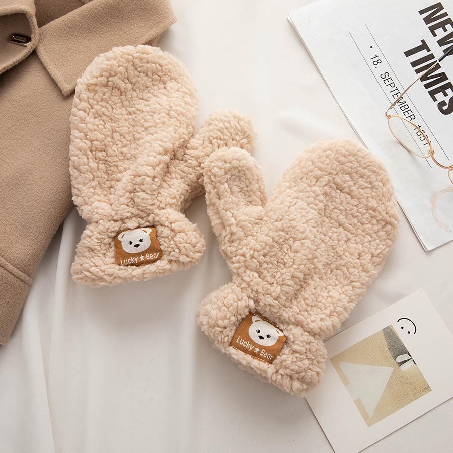 Korean Style Student Winter Mittens: Warm, Windproof, Plush, Hanging Neck, Solid Color Faux Cotton Fluff
